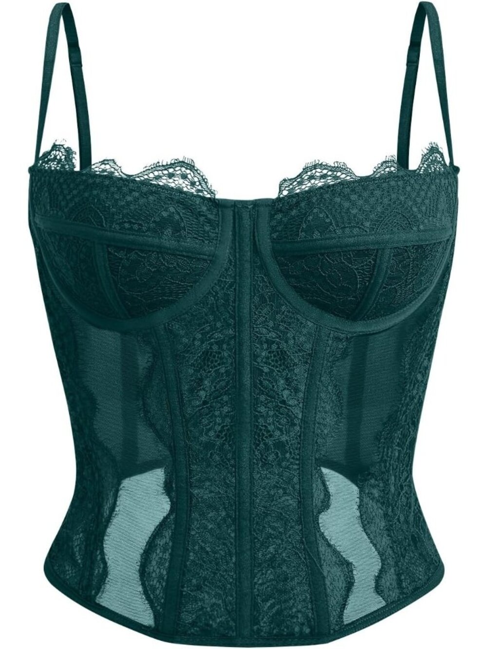Women's Green Boned Lace Mesh Underwire Bustier Spaghetti Strap Corset Tank Top